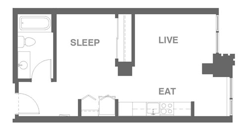 Floor plan for 1 bed, 1 bath, 624 sqft